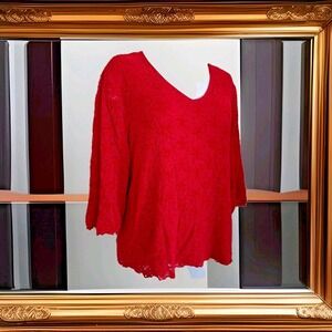 Cato Woman Popover Top 26/28 Red V-neck 3/4 Sleeve Lettuce Hem Lacey Tunic
